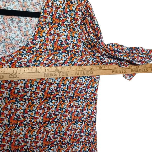 ICHI Orange Red White Colorful Floral Print Short Sleeve V Neck Top Small - Picture 6 of 8